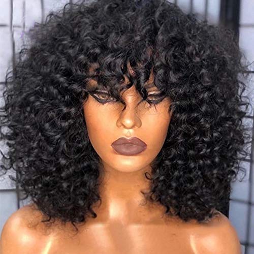 200 Density Scalp Top Curly Full Machine Made Human Hair Wigs with Bangs Remy Brazilian Short Curly Wig For Women
