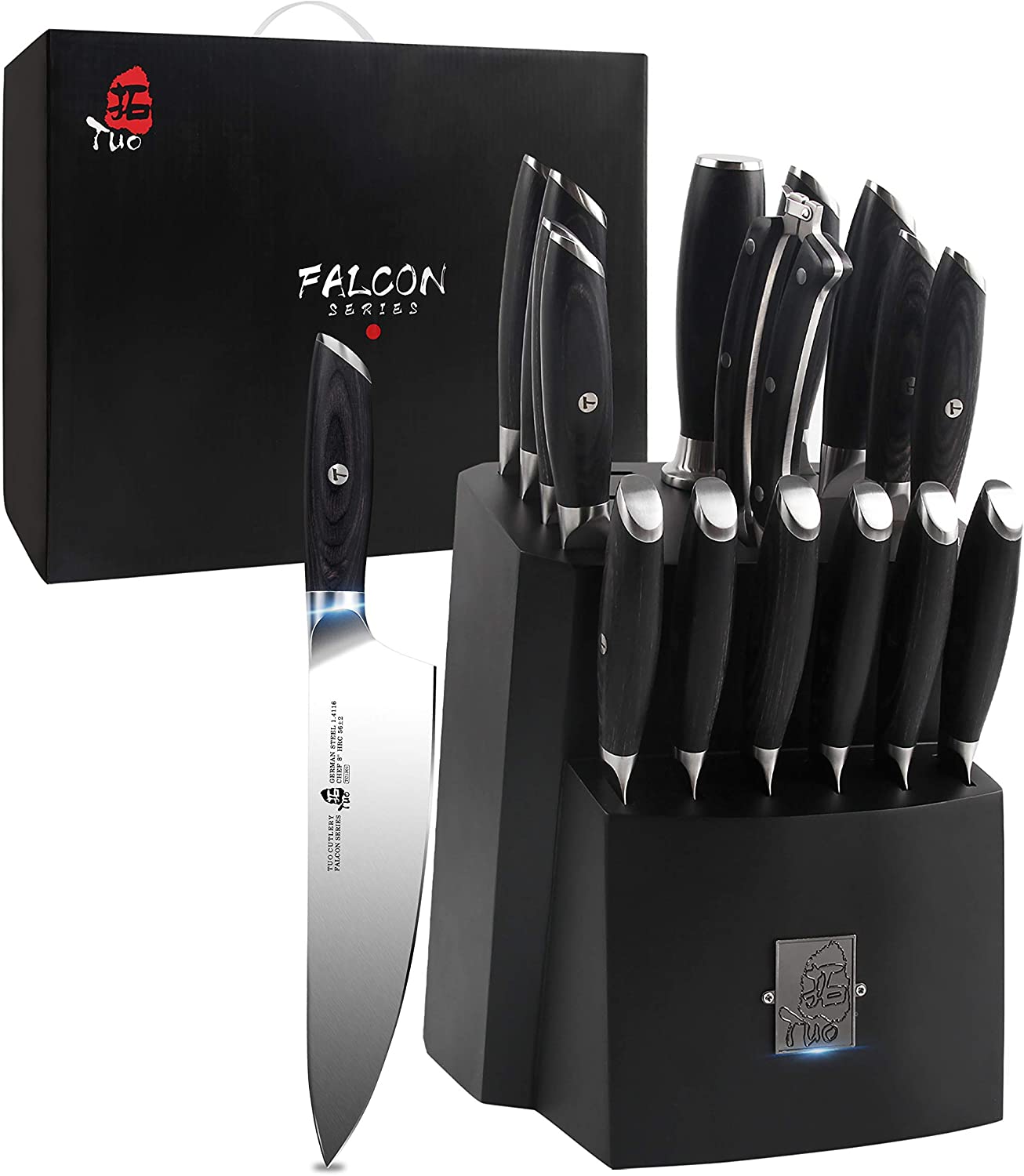 TUO Knife Block Set - 17 PCS Kitchen Knife Set with Wooden Block