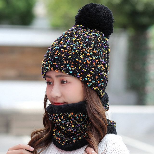 Wool Cap Bib Two-piece Set Beanie Warm Winter Pom Cap